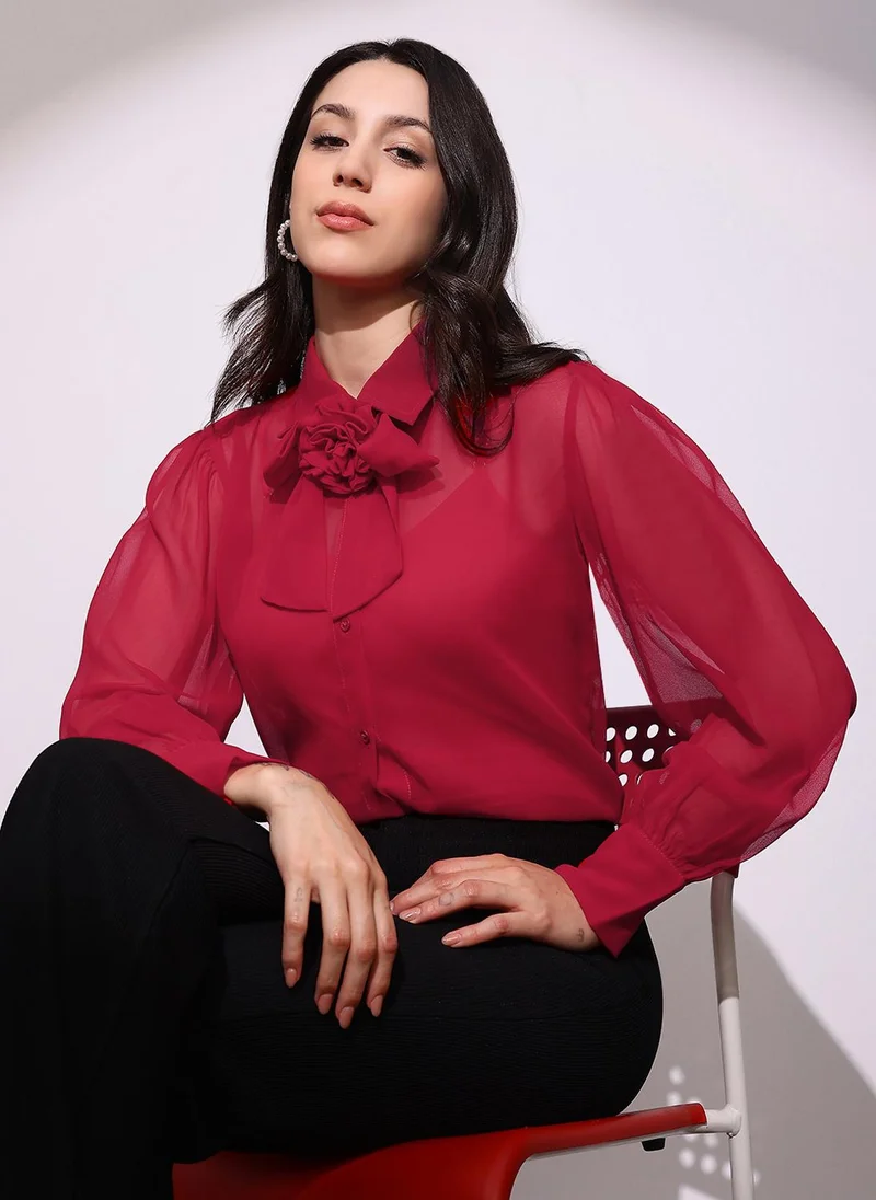 globus Globus Women Red Bow Detail Collared Neck Cuffed Sleeves Curved Hem Georgette Sheer Party Shirt